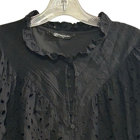 PrettyGarden Women's Black Embroidered Blouse L Long Puff Sleeve - Picture 7 of 14